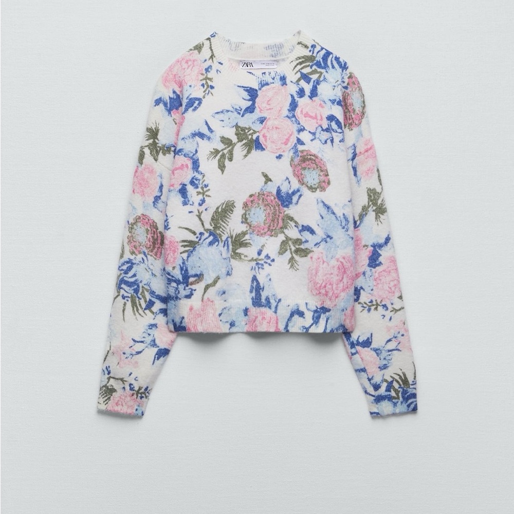 Zara Floral Crewneck Sweater in White, Pink, Blue, Olive - Picture 5 of 8